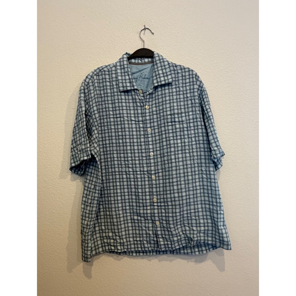 Tommy Bahama Mens Large Blue White Plaid Short Sleeve Button Down Shirt Relaxed